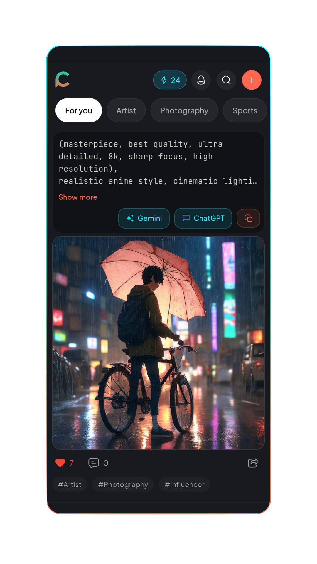 Cuetly app showing a curated AI prompt feed with categories like Artist, Photography, and Sports, featuring AI-generated images